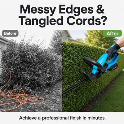 Yard Co cordless hedge trimmer trimming hedges without tangled extension cords