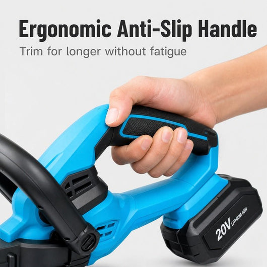 Close-up of the ergonomic anti-slip handle on the Yard Co cordless hedge trimmer