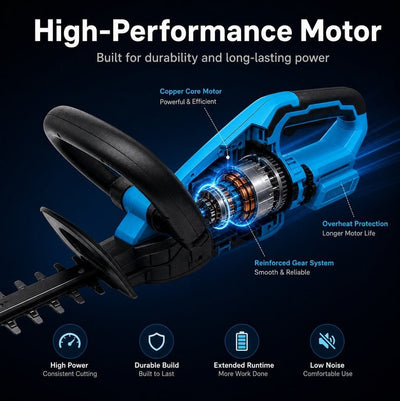 Yard Co cordless hedge trimmer featuring a high-performance brushless motor