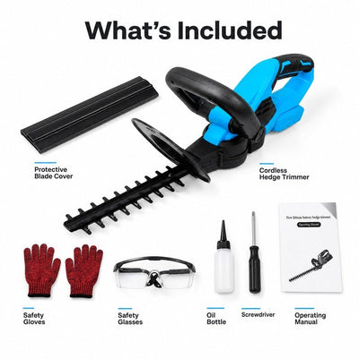 Yard Co cordless hedge trimmer kit with battery, charger, blade guard and accessories