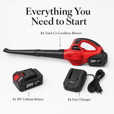 The Yard Co Store cordless leaf blower kit with battery, charger and accessories
