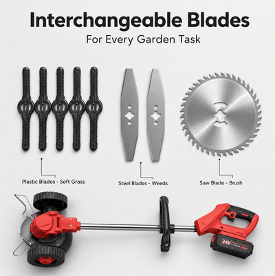 The Yard Co Store cordless whipper snipper with interchangeable cutting blades and accessories